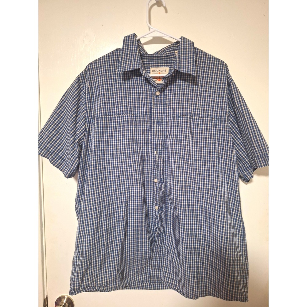 Dockers Shirt Mens XL Blue White Plaid Gingham Short Sleeve Button Front Cotton